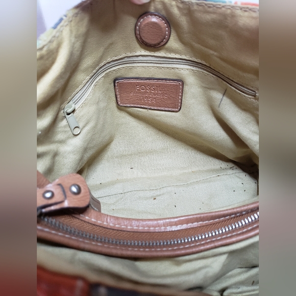 Fossil Leather Patchwork Fabric Handbag Shoulder Bag READ DESCRIPTION - Picture 7 of 10